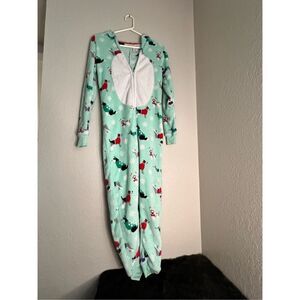 SO Brand Teal w/ Dogs & Fuzzy Belly One Pc Juniors Sz  XS Hoodie Pajamas